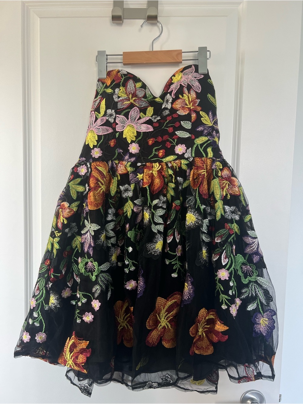 Floral Embroidered Black Strapless Dress